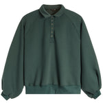 A dark green long-sleeve pullover sweatshirt with a buttoned collar, shown flat against a plain white background.