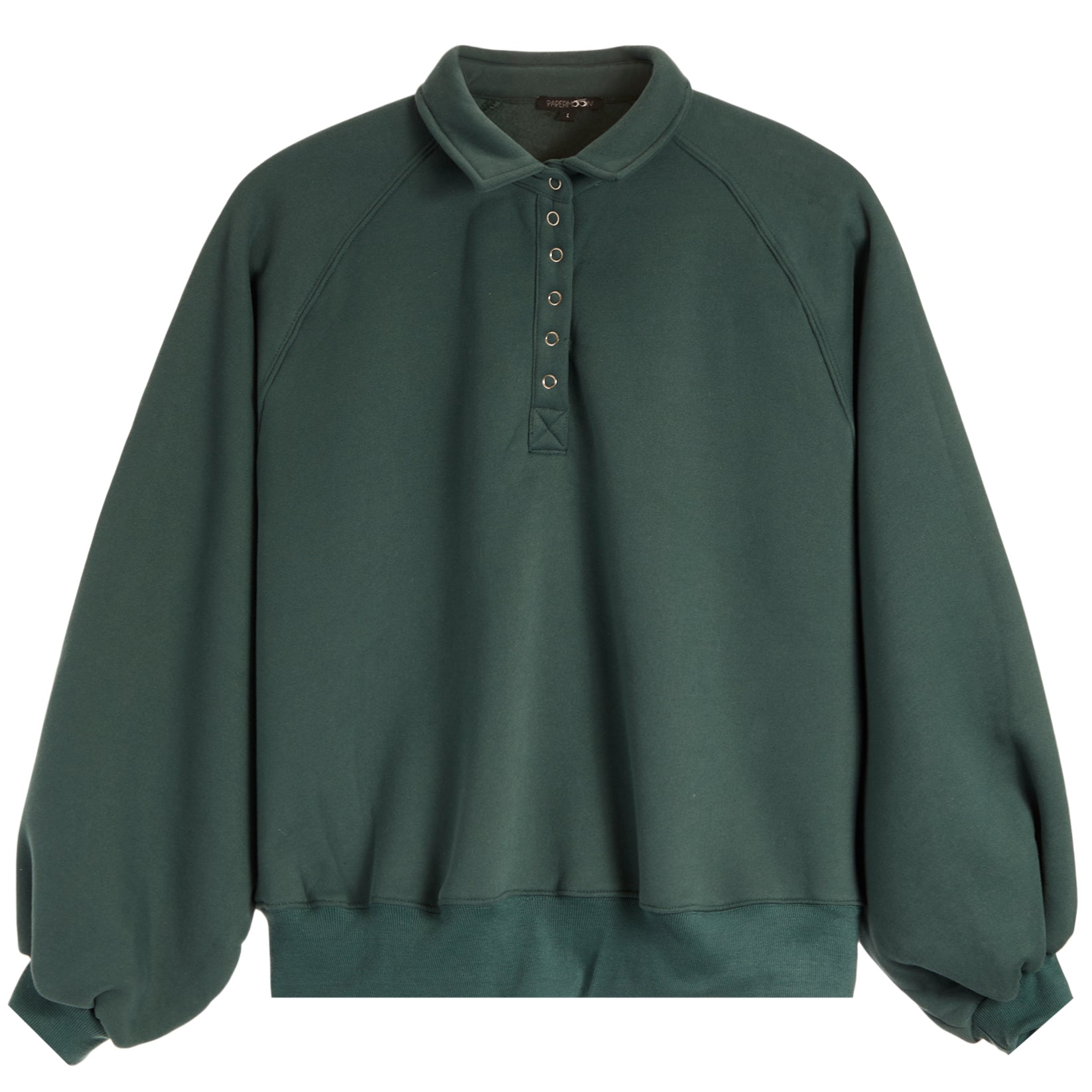 A dark green long-sleeve pullover sweatshirt with a buttoned collar, shown flat against a plain white background.