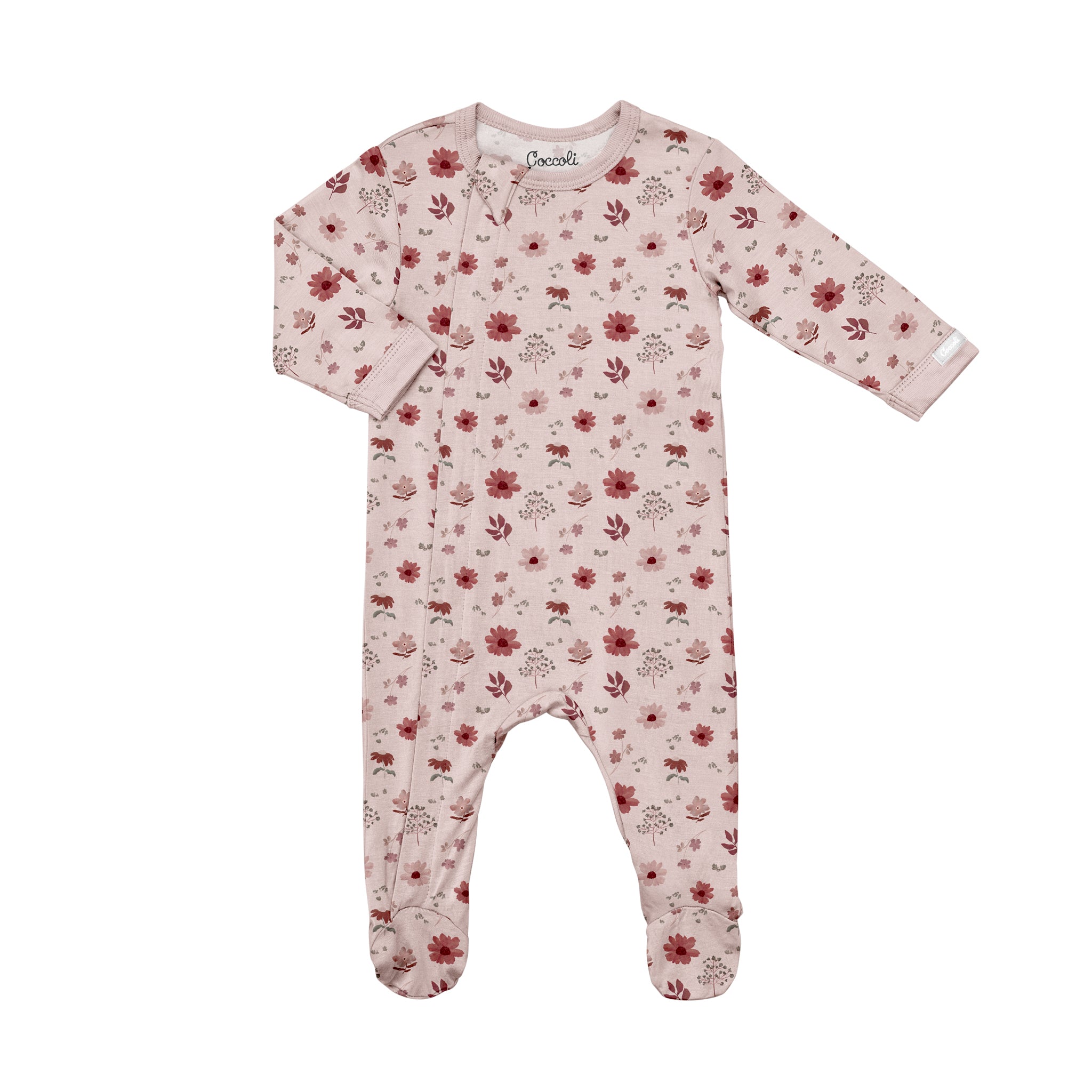 Floral patterned baby onesie on a white background