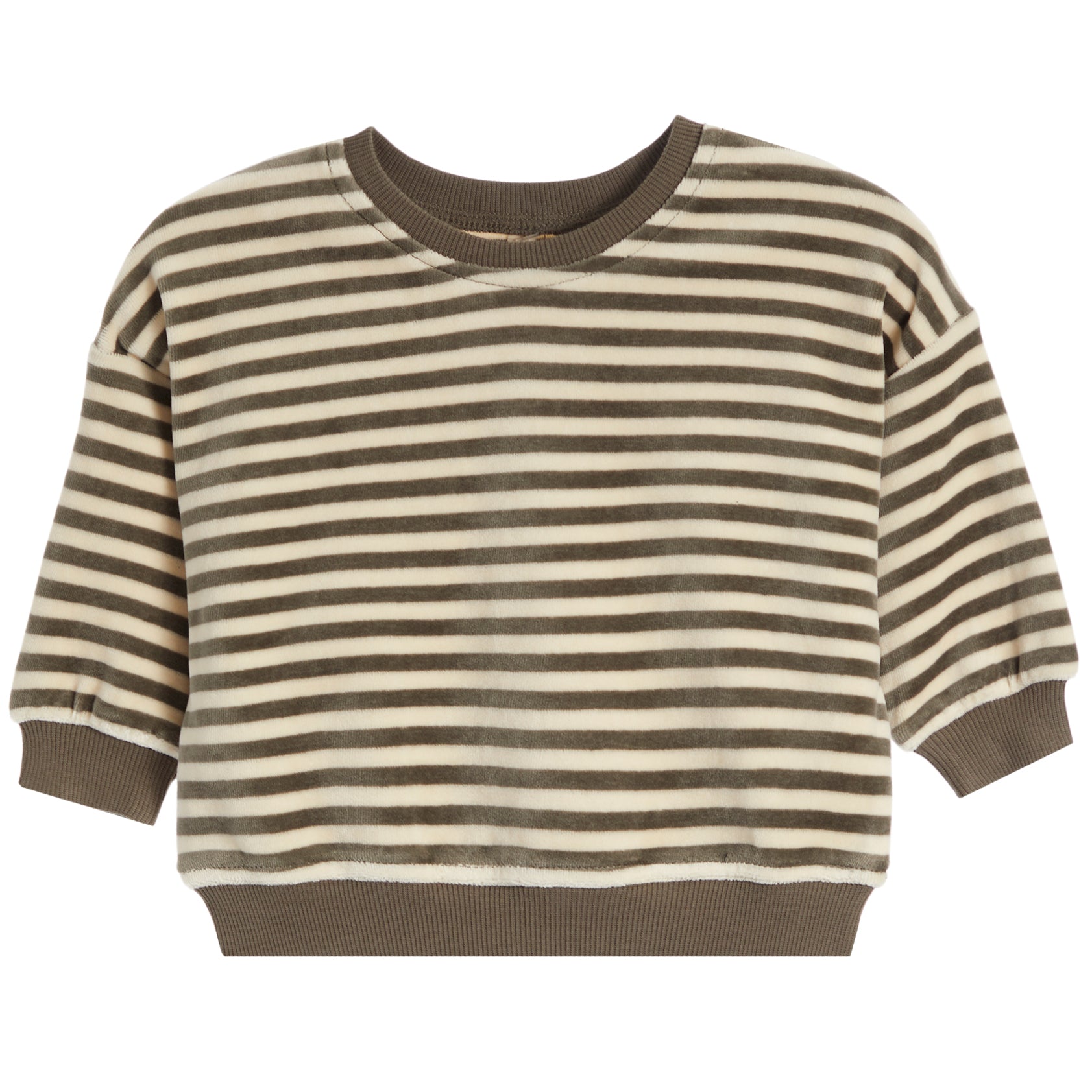 A cropped long-sleeve knit top with horizontal brown and cream stripes, featuring ribbed crew neck, cuffs, and hem.
