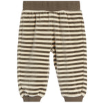 A pair of children's striped lounge pants in a brown and cream velvet fabric, featuring an elastic waistband and ribbed ankle cuffs.