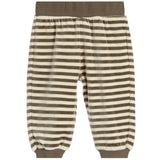 A pair of children's striped lounge pants in a brown and cream velvet fabric, featuring an elastic waistband and ribbed ankle cuffs.