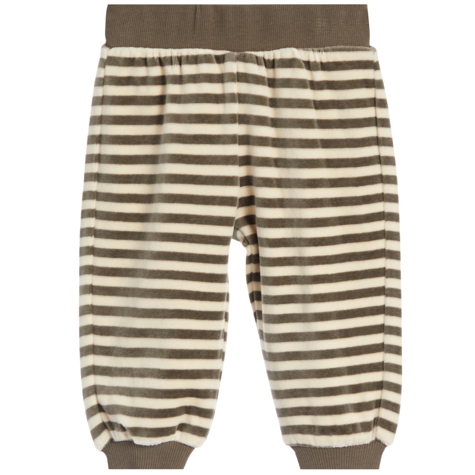 A pair of children's striped lounge pants in a brown and cream velvet fabric, featuring an elastic waistband and ribbed ankle cuffs.
