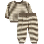 A two-piece children's loungewear set featuring a long-sleeve crewneck top and matching pants, both with horizontal stripes in brown and beige.