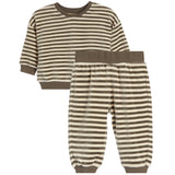 A two-piece children's loungewear set featuring a long-sleeve crewneck top and matching pants, both with horizontal stripes in brown and beige.