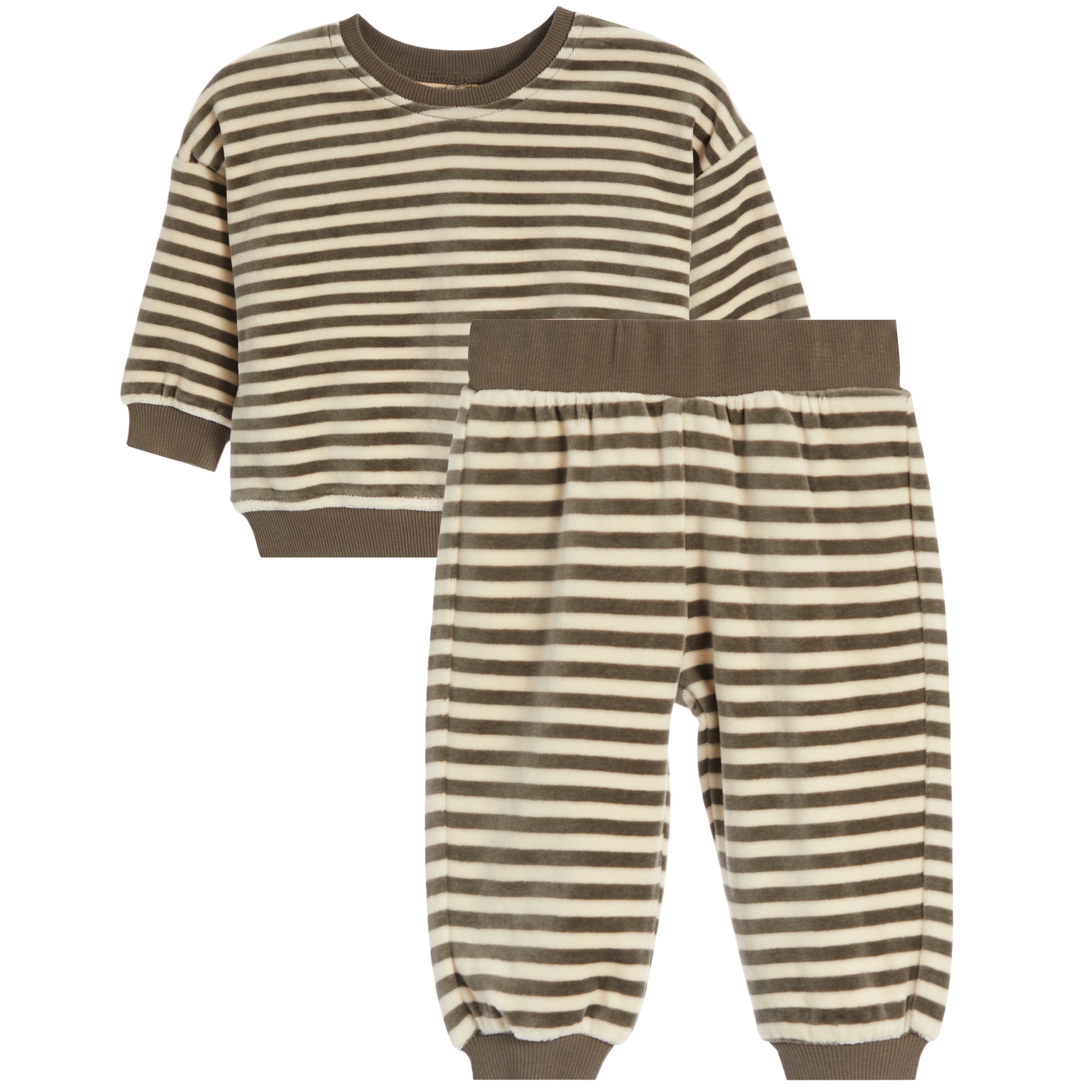 A two-piece children's loungewear set featuring a long-sleeve crewneck top and matching pants, both with horizontal stripes in brown and beige.