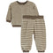 A two-piece children's loungewear set featuring a long-sleeve crewneck top and matching pants, both with horizontal stripes in brown and beige.