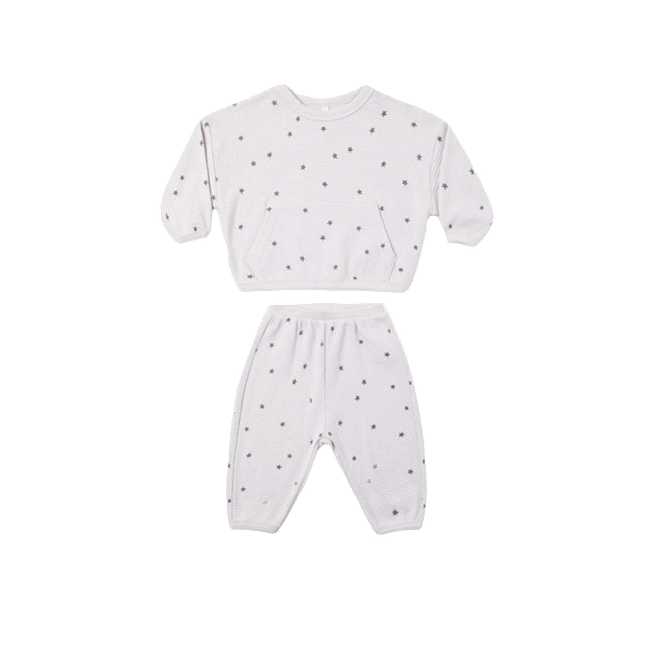 A two-piece baby loungewear set consisting of a long-sleeve sweatshirt and matching pants, both in white with a small dark gray star pattern, shown on a plain white background.