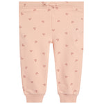 Light peach baby's jogger pants with a repeating pattern of small darker pink hearts, featuring an elastic waistband with a drawstring and elastic cuffed ankles.