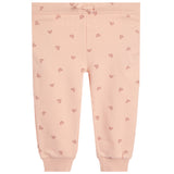 Light peach baby's jogger pants with a repeating pattern of small darker pink hearts, featuring an elastic waistband with a drawstring and elastic cuffed ankles.