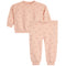 A two-piece children's sweatshirt and jogger pants set in a soft peach-pink color, featuring a small repeating pink heart pattern and a drawstring waist on the pants.