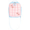A pastel pink quilted backpack with light blue trim and straps, decorated with four pink glittery smiley face charms, shown against a plain white background.
