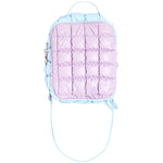 A pastel light blue and lavender quilted bag with a top handle and a long shoulder strap, shown against a plain white background.