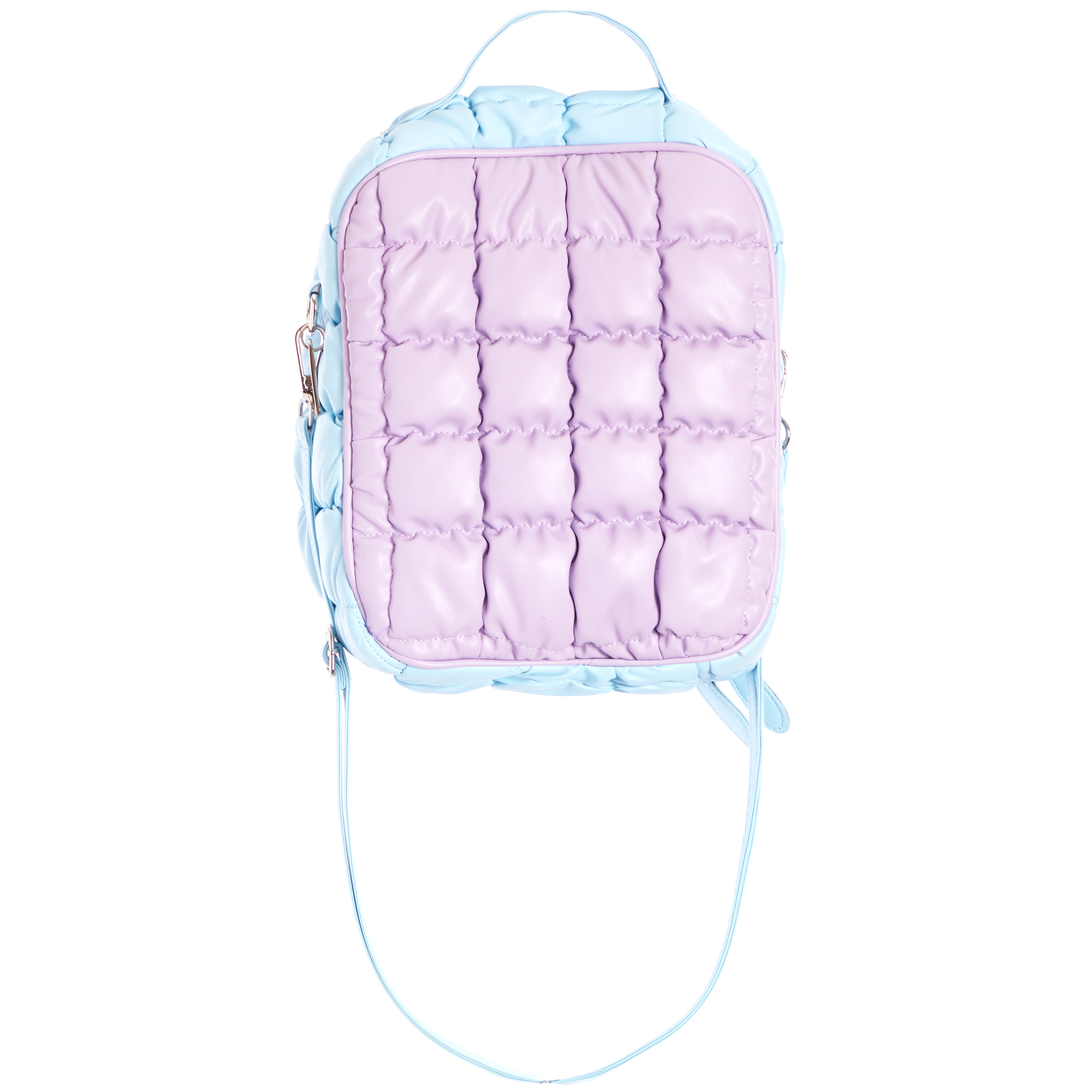 A pastel light blue and lavender quilted bag with a top handle and a long shoulder strap, shown against a plain white background.