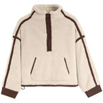 A beige fuzzy fleece half-zip pullover jacket with contrasting cbrown-colored piping and cuffs, shown against a plain white background.