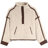 A beige fuzzy fleece half-zip pullover jacket with contrasting cbrown-colored piping and cuffs, shown against a plain white background.