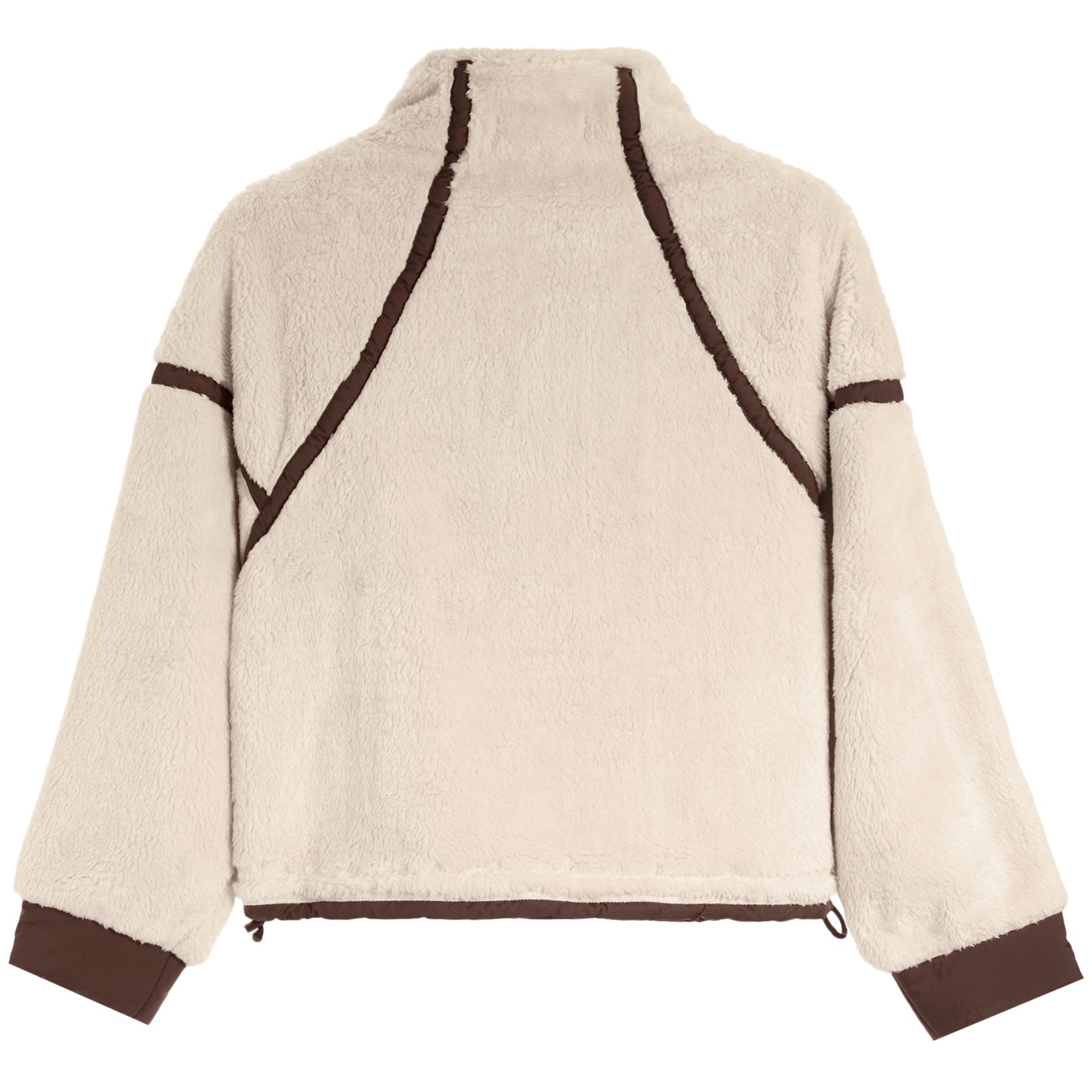 A cropped sherpa fleece jacket with a high collar, featuring a cream-colored body with contrasting dark brown trim along the shoulders, sleeves, and hem.