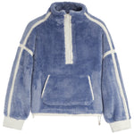 A blue fuzzy fleece half-zip pullover jacket with contrasting cream-colored piping and cuffs, shown against a plain white background.