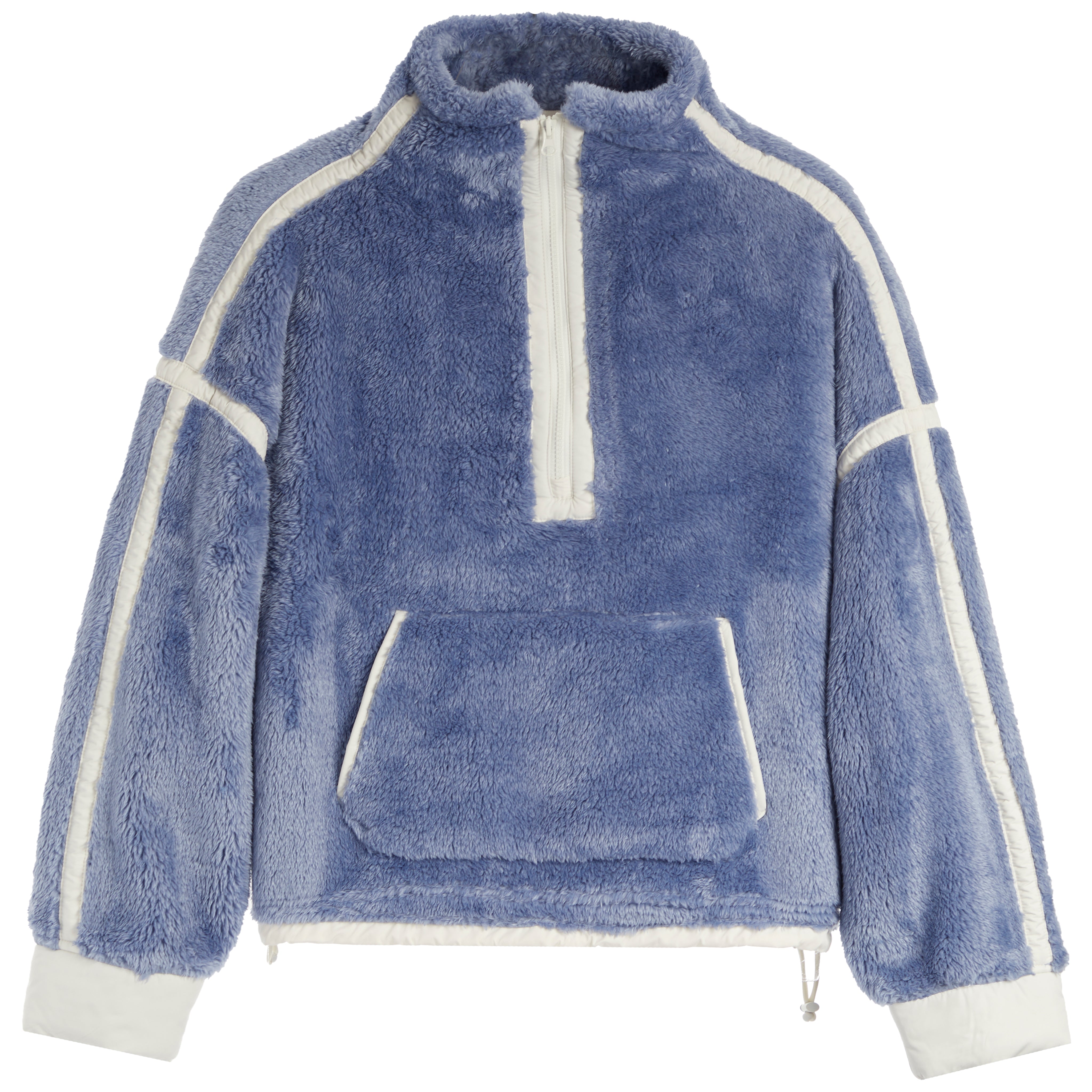 A blue fuzzy fleece half-zip pullover jacket with contrasting cream-colored piping and cuffs, shown against a plain white background.