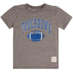 A heather gray short-sleeve t-shirt with a distressed blue graphic on the front that reads 'TOUCHDOWN' above a blue football, shown on a plain white background.
