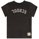 A dark heather charcoal gray t-shirt with the word 'SCHOOL' printed in white arched block letters on the chest, shown flat against a white background.