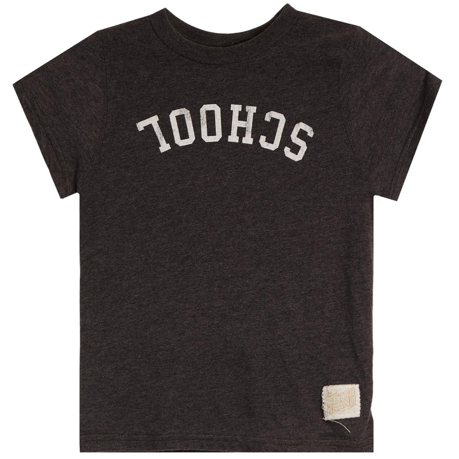 A dark heather charcoal gray t-shirt with the word 'SCHOOL' printed in white arched block letters on the chest, shown flat against a white background.