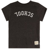 A dark heather charcoal gray t-shirt with the word 'SCHOOL' printed in white arched block letters on the chest, shown flat against a white background.