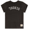 A dark heather charcoal gray t-shirt with the word 'SCHOOL' printed in white arched block letters on the chest, shown flat against a white background.