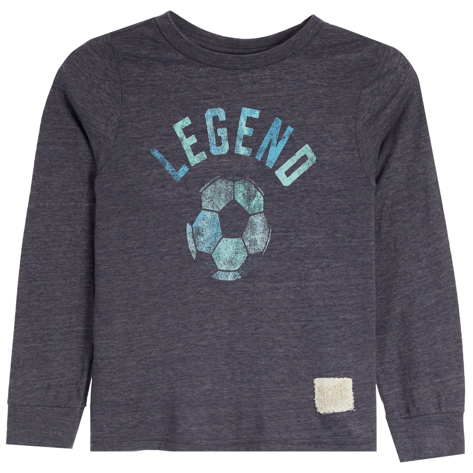 A toddler's long-sleeve t-shirt in dark heather gray, featuring a distressed blue graphic on the front with the word 'LEGEND' above a soccer ball, and a small beige brand patch near the bottom right hem.