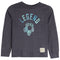A toddler's long-sleeve t-shirt in dark heather gray, featuring a distressed blue graphic on the front with the word 'LEGEND' above a soccer ball, and a small beige brand patch near the bottom right hem.