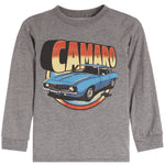 A heather gray long-sleeve crewneck shirt featuring a vintage-style graphic of a blue Camaro car and the word 'CAMARO' in red, orange, and yellow gradient lettering.