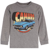 A heather gray long-sleeve crewneck shirt featuring a vintage-style graphic of a blue Camaro car and the word 'CAMARO' in red, orange, and yellow gradient lettering.