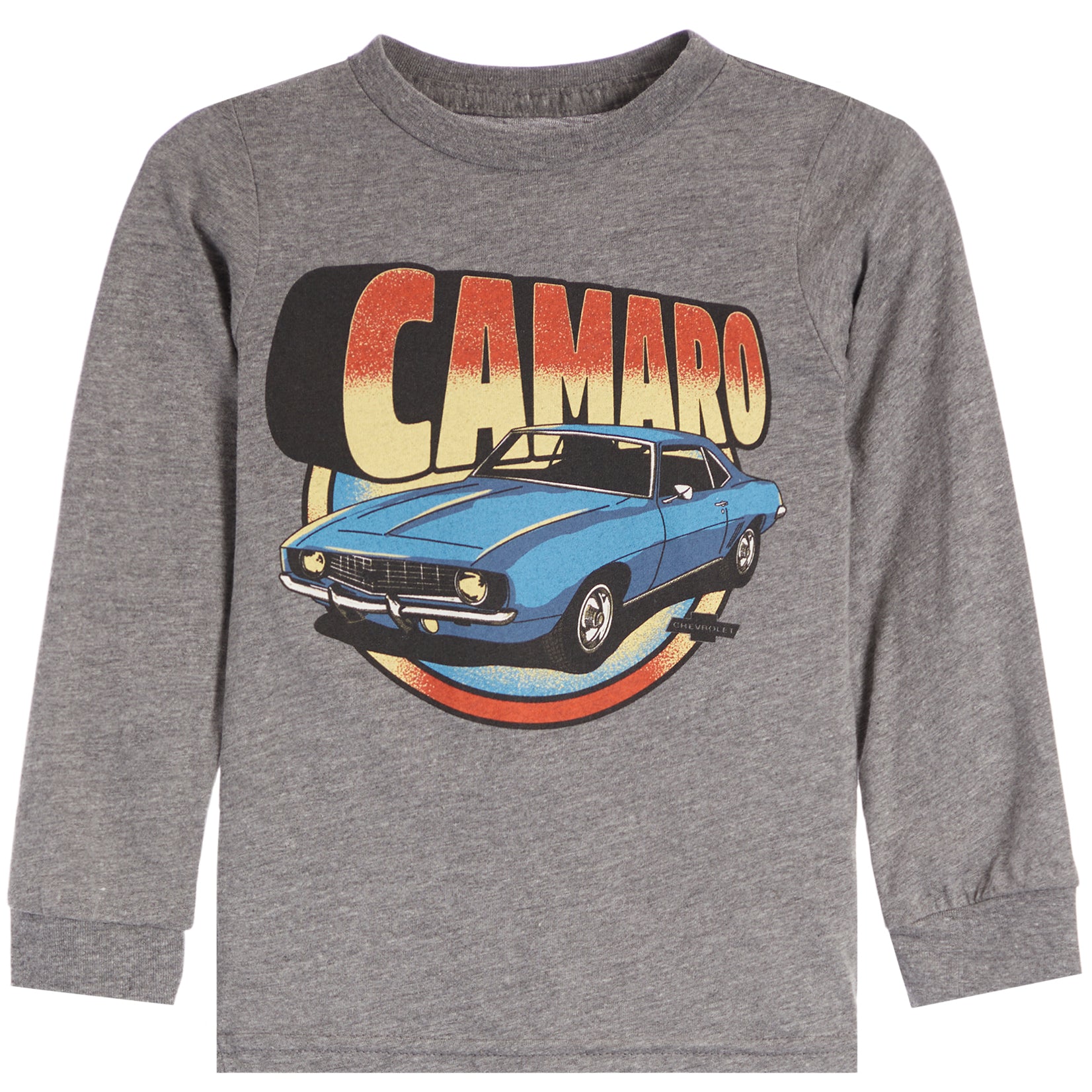 A heather gray long-sleeve crewneck shirt featuring a vintage-style graphic of a blue Camaro car and the word 'CAMARO' in red, orange, and yellow gradient lettering.