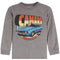 A heather gray long-sleeve crewneck shirt featuring a vintage-style graphic of a blue Camaro car and the word 'CAMARO' in red, orange, and yellow gradient lettering.