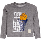 A toddler's heather gray long-sleeve t-shirt featuring a basketball graphic with the text 'ALL NET ALL DAY' in gray, an orange basketball, and a navy blue hoop.