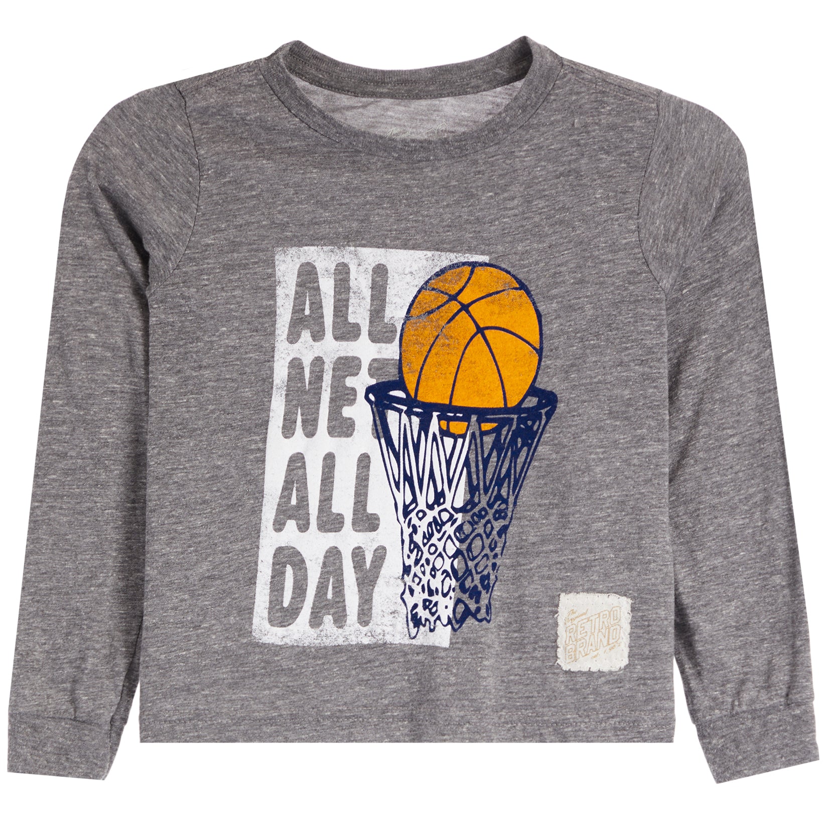 A toddler's heather gray long-sleeve t-shirt featuring a basketball graphic with the text 'ALL NET ALL DAY' in gray, an orange basketball, and a navy blue hoop.