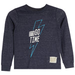 A toddler's long-sleeve crewneck shirt in dark heathered navy blue, featuring a graphic print of a lightning bolt with the text 'IT'S GO TIME' in white and light blue. A small, distressed fabric brand patch is visible on the lower right front.