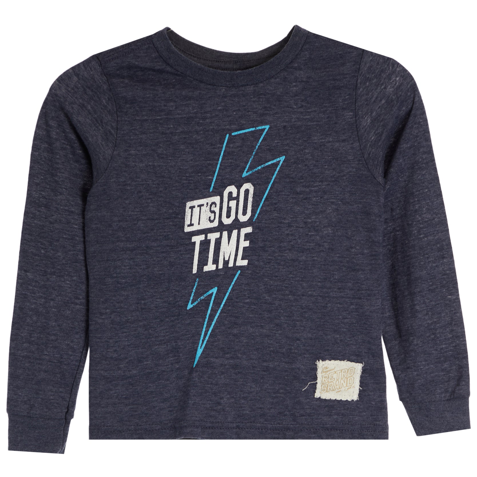A toddler's long-sleeve crewneck shirt in dark heathered navy blue, featuring a graphic print of a lightning bolt with the text 'IT'S GO TIME' in white and light blue. A small, distressed fabric brand patch is visible on the lower right front.