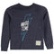 A toddler's long-sleeve crewneck shirt in dark heathered navy blue, featuring a graphic print of a lightning bolt with the text 'IT'S GO TIME' in white and light blue. A small, distressed fabric brand patch is visible on the lower right front.