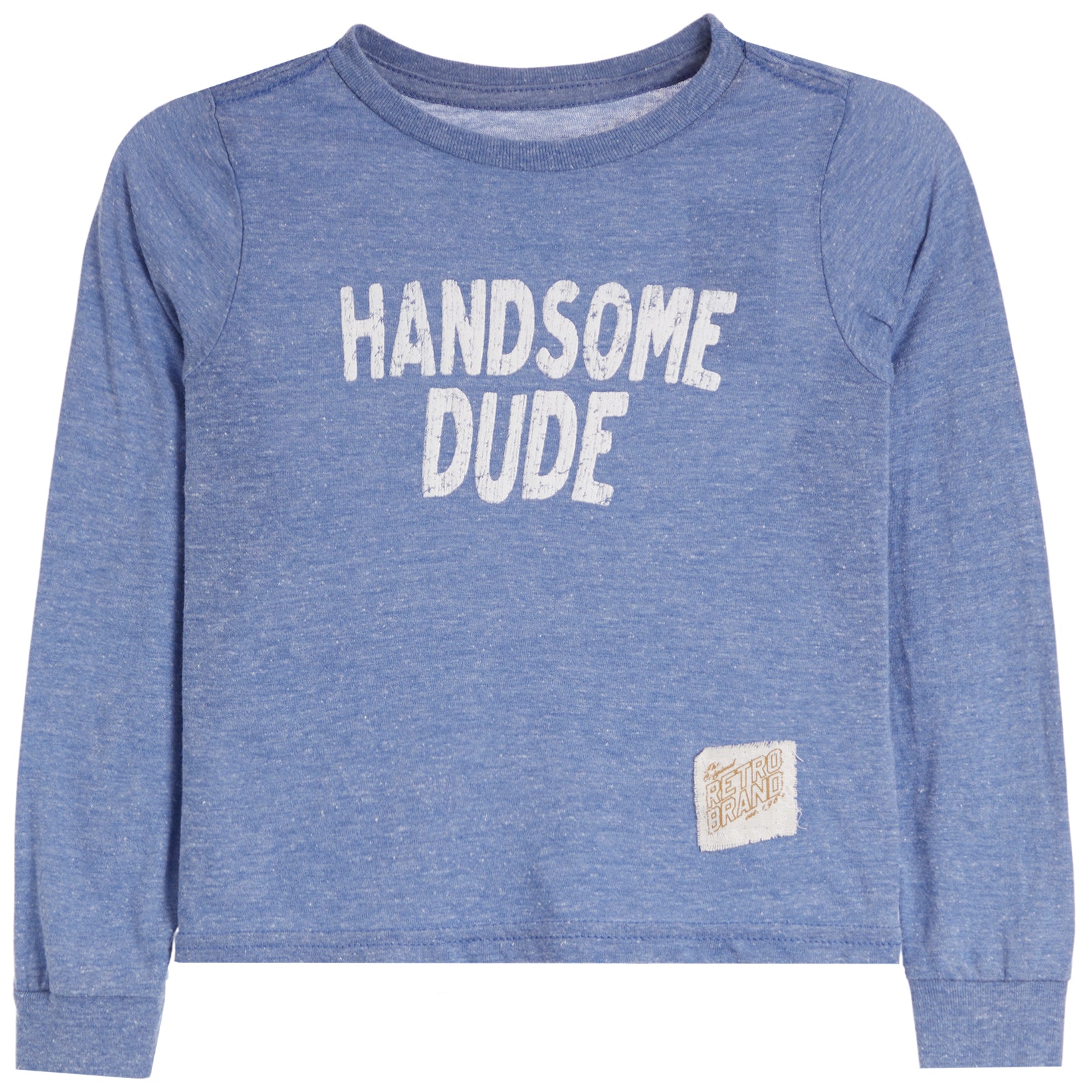 A heather blue long-sleeve t-shirt with 'HANDSOME DUDE' printed in distressed white block letters across the chest and a small beige brand patch near the lower right hem.