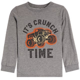 A toddler's heather gray long-sleeve shirt featuring a graphic of a monster truck with the text 'IT'S CRUNCH TIME' in distressed black lettering.