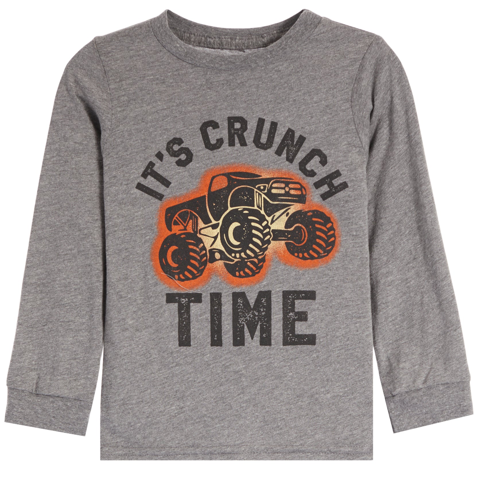 A toddler's heather gray long-sleeve shirt featuring a graphic of a monster truck with the text 'IT'S CRUNCH TIME' in distressed black lettering.