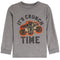 A toddler's heather gray long-sleeve shirt featuring a graphic of a monster truck with the text 'IT'S CRUNCH TIME' in distressed black lettering.