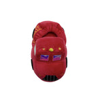 A red plush toy shaped like a fire truck, photographed from the front against a solid white background.