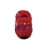 A red plush toy shaped like a fire truck, photographed from the front against a solid white background.