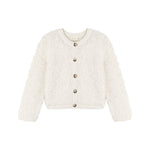 An off-white textured bouclé cardigan sweater with a button-up front, displayed flat against a solid white background.