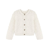 An off-white textured bouclé cardigan sweater with a button-up front, displayed flat against a solid white background.