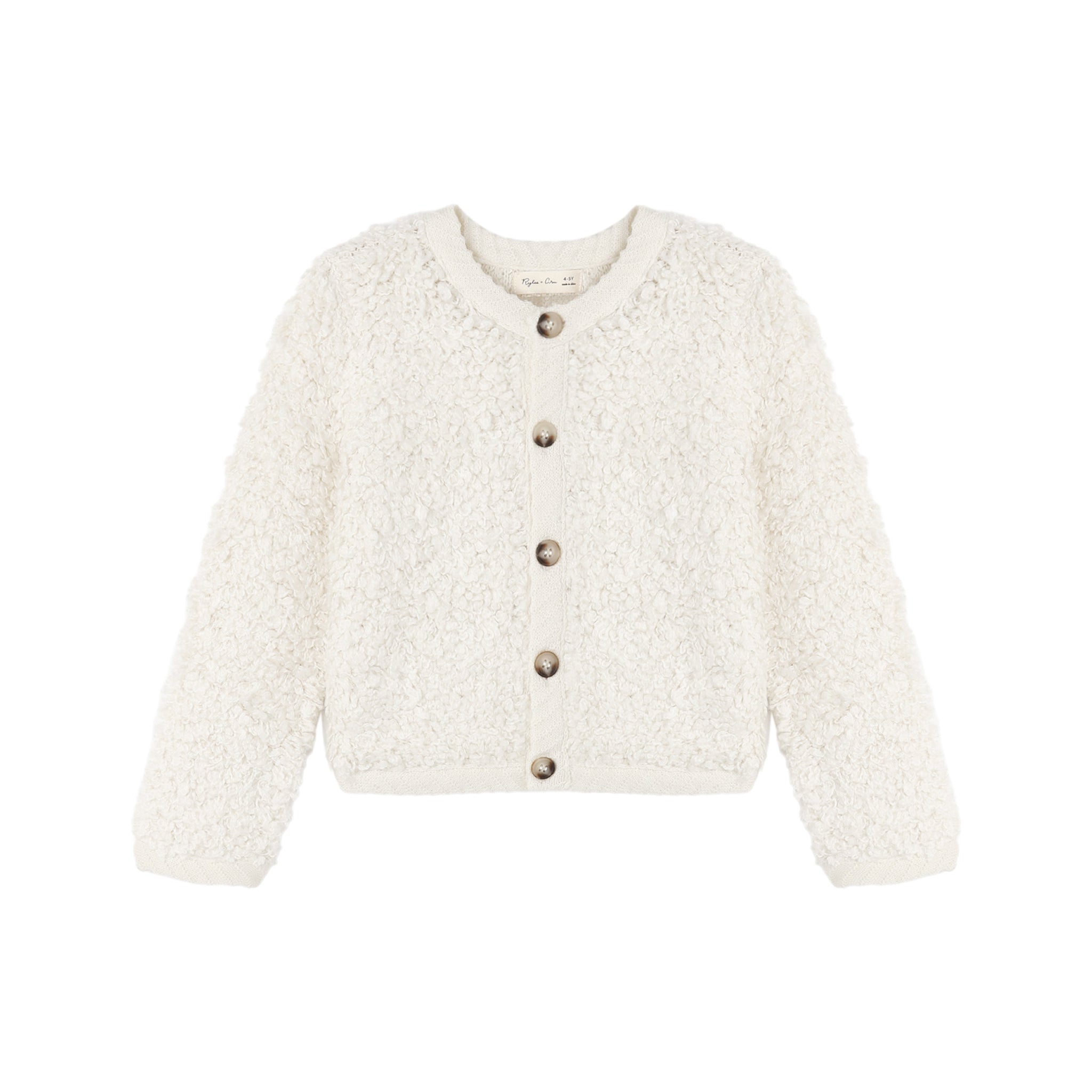 An off-white textured bouclé cardigan sweater with a button-up front, displayed flat against a solid white background.
