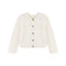 An off-white textured bouclé cardigan sweater with a button-up front, displayed flat against a solid white background.