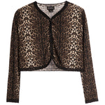 A cropped long-sleeve cardigan featuring a brown and beige leopard print pattern with black lace trim along the V-neck, button closure, cuffs, and hem.